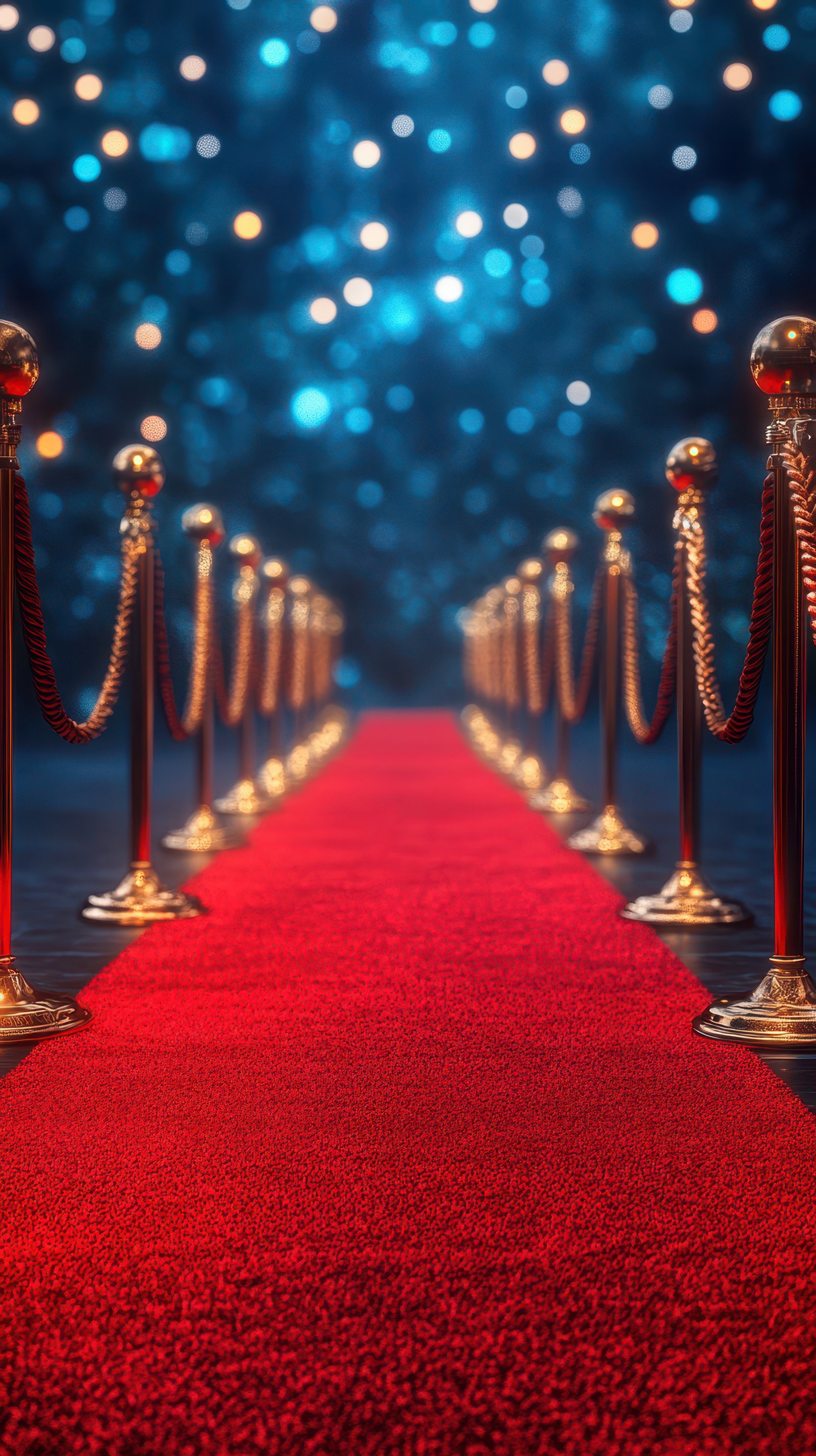 Red carpet path leading to a glamorous event with a vibrant blue backdrop and sparkling lights